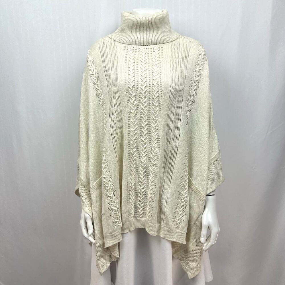 White House Black Market Turtleneck Poncho Sweater Sz S-M Ivory‎ Cream Pointelle